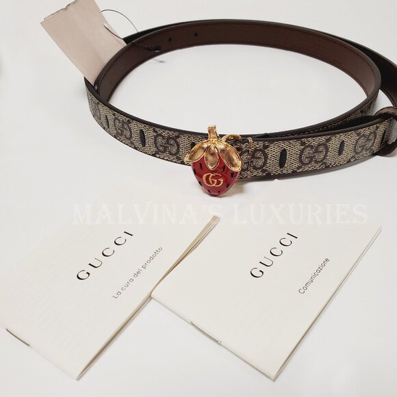 GUCCI BELT GG SUPREME CANVAS STRAWBERRY ENAMEL BUCKLE w DOUBLE G sz 100 / 40 - Picture 10 of 12